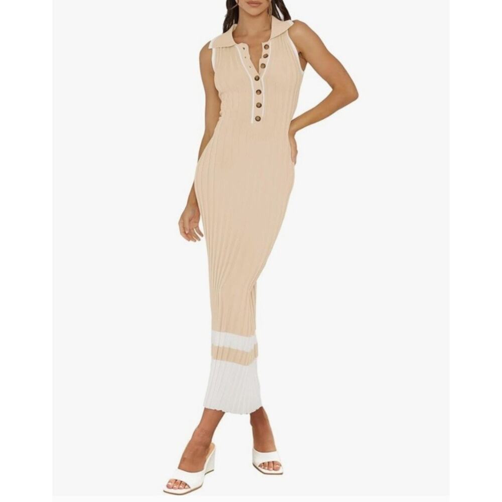 MITILLY Womens Sleeveless V Neck Button Ribbed Knit Maxi Dress Bodycon Small